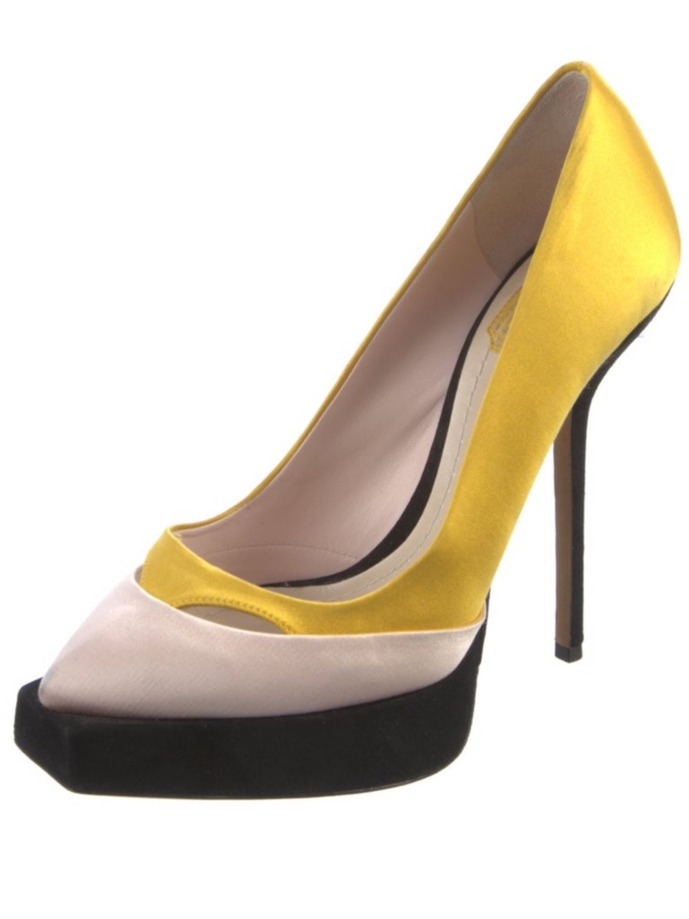 Dior Tricolor Satin Platform Pumps in Yellow, White, & Black - Picture 3 of 6
